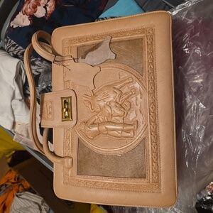 Vintage Mexican Tan Tooled Leather Handbag Purse Mayan Art Bull Retro Top Handle